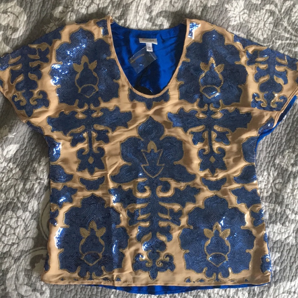 Nude/blue sequin-detailed top